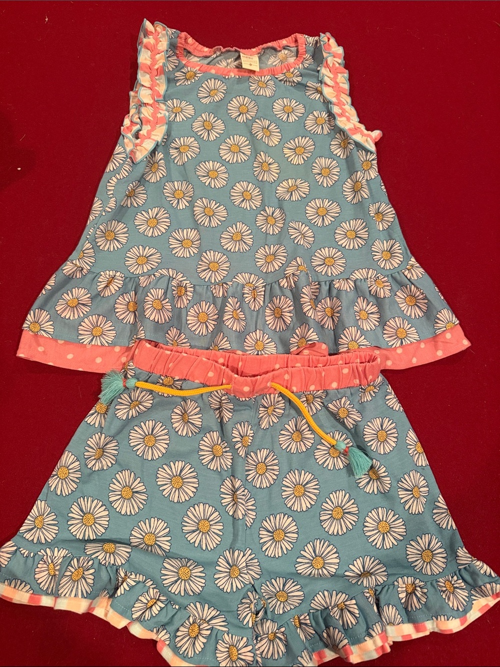 Girls' Blue Daisy Print Tank Top & Shorts PJ Set - Coral Trim